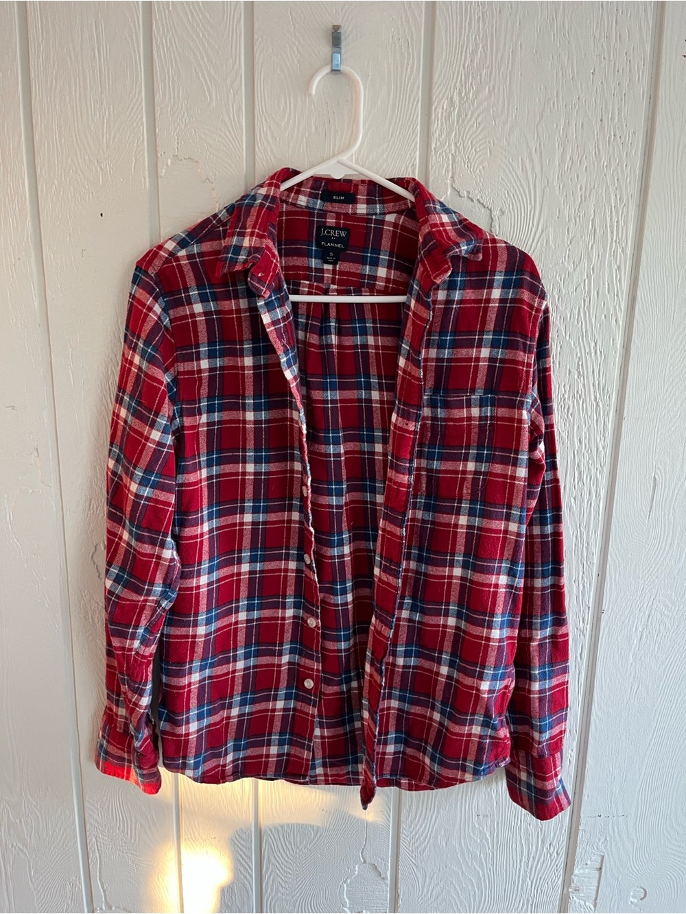 J. Crew Red Plaid Button-Down Shirt with Blue and White Accents